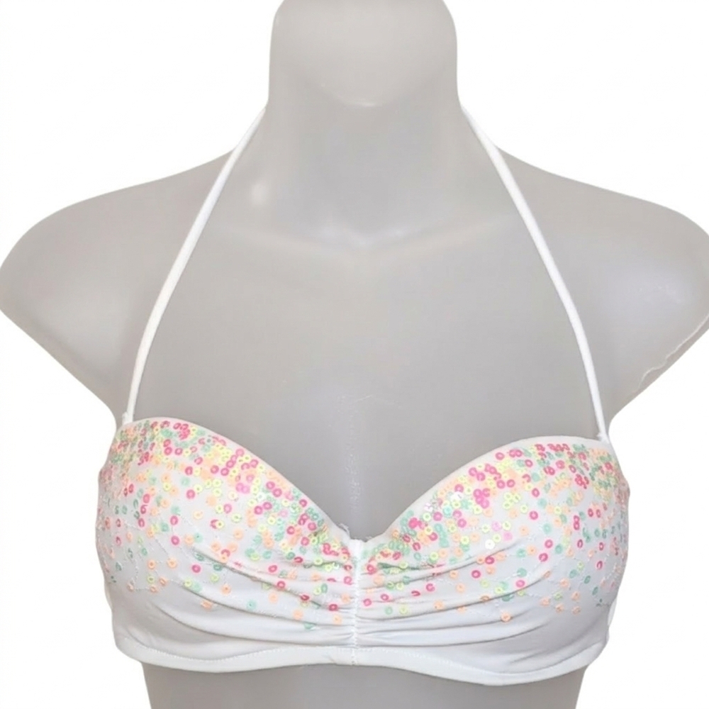 Victoria's Secret White Sequin Push Up Halter Bikini Top 34C Neon Vintage